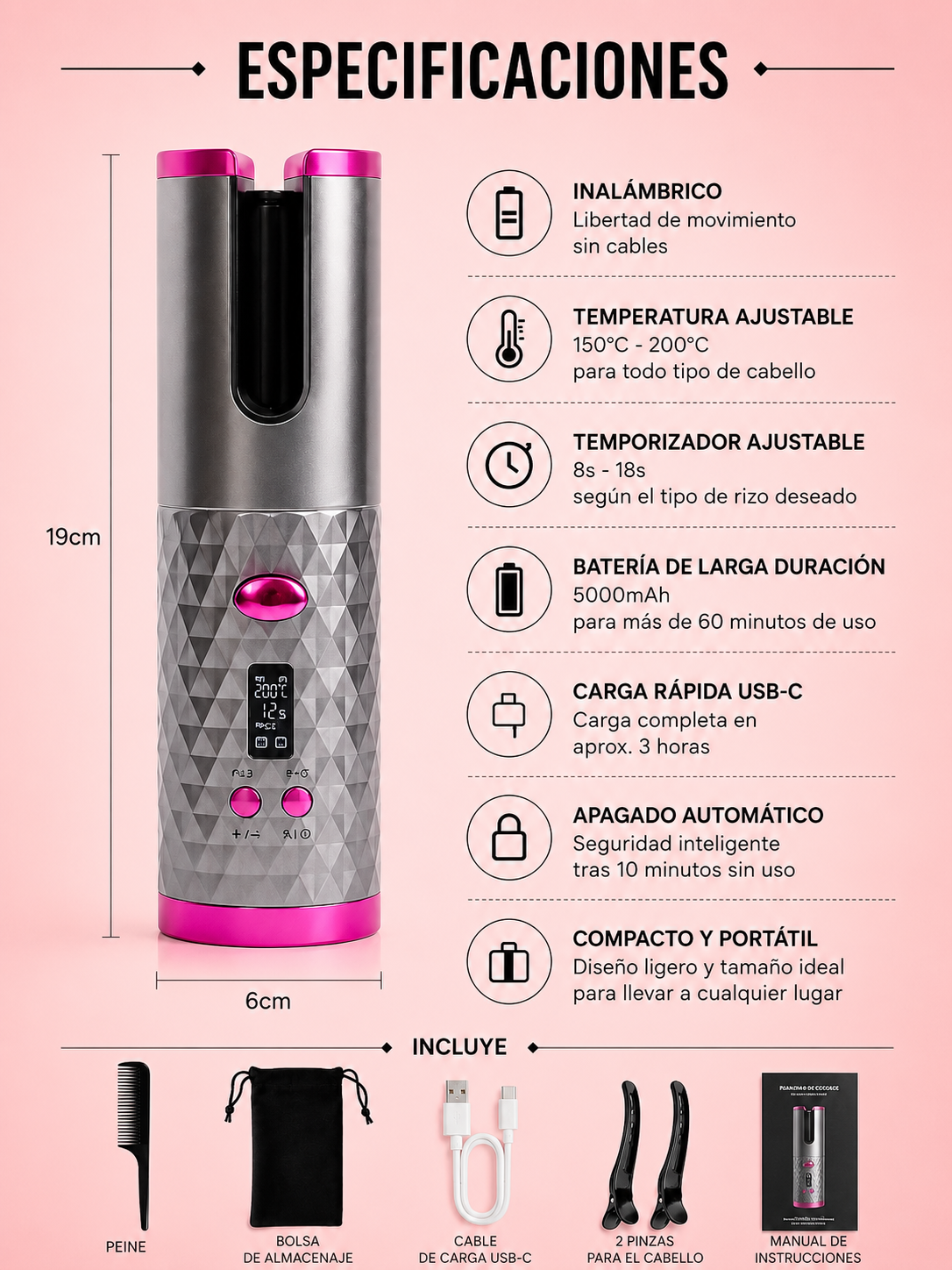 Rizador de Pelo Automático Inalámbrico con Control de Temperatura